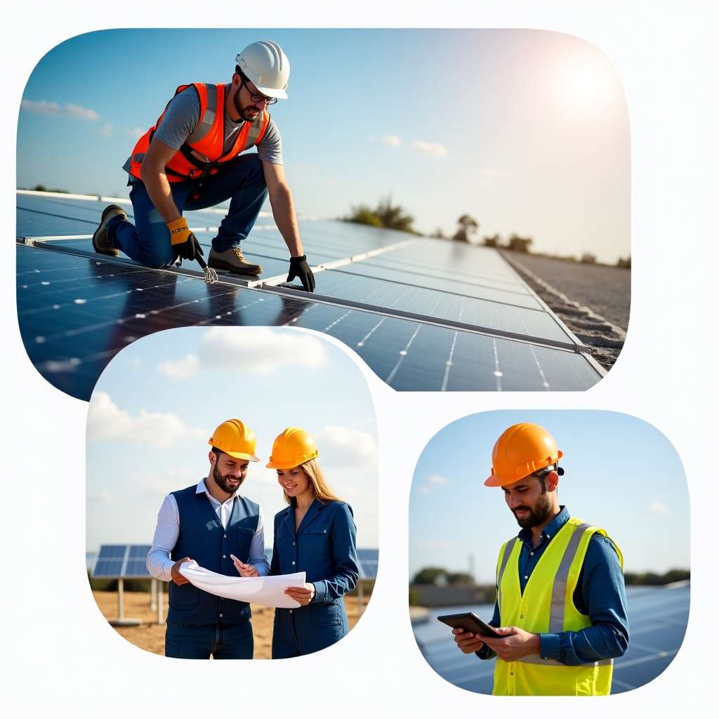 Collage of solar panel installation and inspection.